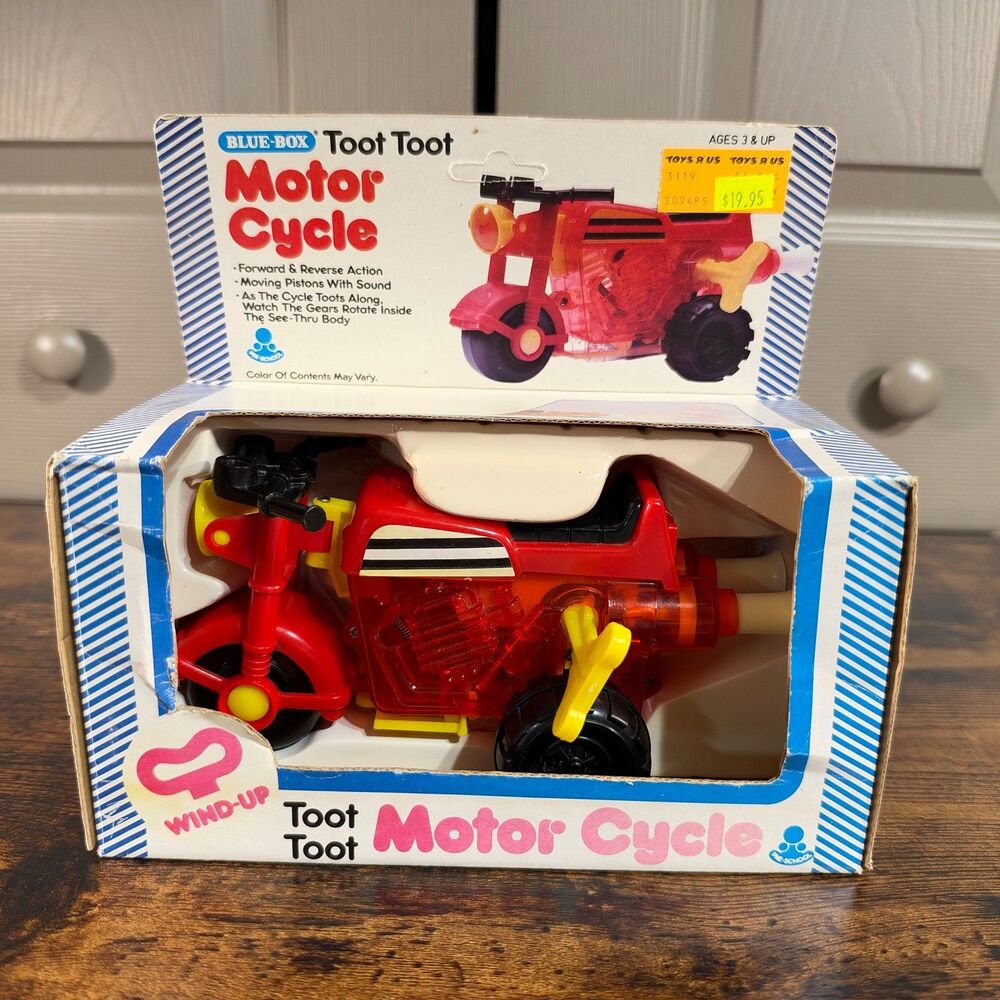 1985 Blue Box Toot Toot Motor Cycle Wind Up Toy Mint W/ Box